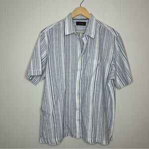 Tasso Elba Shirt Mens XL Blue Stripe Button Up Short Sleeve Linen Cotton Preppy